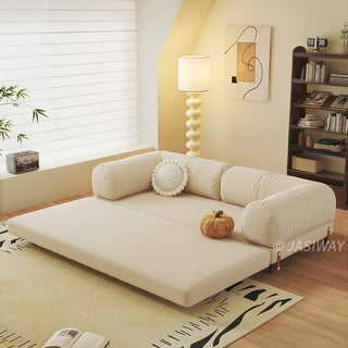 JASIWAY Modular Sofa Bed and Sleeper Sofa with a versatile convertible design, upholstered in premium textured bouclé, chenille or corduroy fabric, featuring plush bolster backrests and a mid-century modern aesthetic  for multifunctional living room use.-Diagonal view