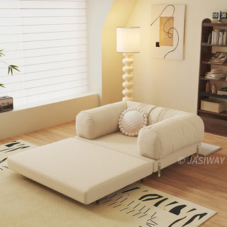 JASIWAY Modular Sofa Bed and Sleeper Sofa with a versatile convertible design, upholstered in premium textured bouclé, chenille or corduroy fabric, featuring plush bolster backrests and a mid-century modern aesthetic  for multifunctional living room use.-Diagonal view