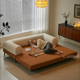 JASIWAY Modular Sofa Bed and Sleeper Sofa with a versatile convertible design, upholstered in premium textured bouclé, chenille or corduroy fabric, featuring plush bolster backrests and a mid-century modern aesthetic  for multifunctional living room use.-High-angle view