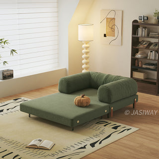JASIWAY Modular Sofa Bed and Sleeper Sofa with a versatile convertible design, upholstered in premium textured bouclé, chenille or corduroy fabric, featuring plush bolster backrests and a mid-century modern aesthetic  for multifunctional living room use.-Diagonal view
