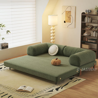 JASIWAY Modular Sofa Bed and Sleeper Sofa with a versatile convertible design, upholstered in premium textured bouclé, chenille or corduroy fabric, featuring plush bolster backrests and a mid-century modern aesthetic  for multifunctional living room use.-Diagonal view