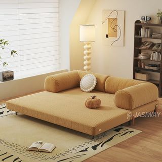 JASIWAY Modular Sofa Bed and Sleeper Sofa with a versatile convertible design, upholstered in premium textured bouclé, chenille or corduroy fabric, featuring plush bolster backrests and a mid-century modern aesthetic  for multifunctional living room use.-Diagonal view