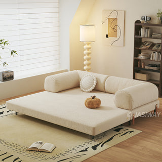 JASIWAY Modular Sofa Bed and Sleeper Sofa with a versatile convertible design, upholstered in premium textured bouclé, chenille or corduroy fabric, featuring plush bolster backrests and a mid-century modern aesthetic  for multifunctional living room use.-Diagonal view