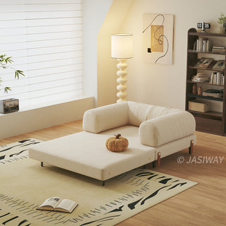 JASIWAY Modular Sofa Bed and Sleeper Sofa with a versatile convertible design, upholstered in premium textured bouclé, chenille or corduroy fabric, featuring plush bolster backrests and a mid-century modern aesthetic  for multifunctional living room use.-Diagonal view