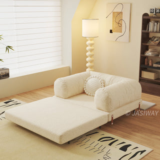 JASIWAY Modular Sofa Bed and Sleeper Sofa with a versatile convertible design, upholstered in premium textured bouclé, chenille or corduroy fabric, featuring plush bolster backrests and a mid-century modern aesthetic  for multifunctional living room use.-Diagonal view