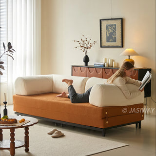 JASIWAY Modular Sofa Bed and Sleeper Sofa with a versatile convertible design, upholstered in premium textured bouclé, chenille or corduroy fabric, featuring plush bolster backrests and a mid-century modern aesthetic  for multifunctional living room use.-Three-quarter view
