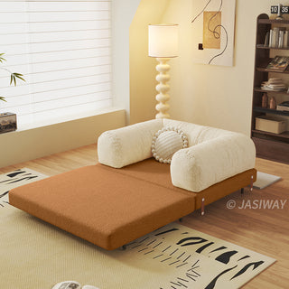 JASIWAY Modular Sofa Bed and Sleeper Sofa with a versatile convertible design, upholstered in premium textured bouclé, chenille or corduroy fabric, featuring plush bolster backrests and a mid-century modern aesthetic  for multifunctional living room use.-Diagonal view