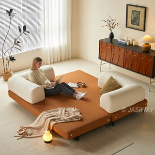 JASIWAY Modular Sofa Bed and Sleeper Sofa with a versatile convertible design, upholstered in premium textured bouclé, chenille or corduroy fabric, featuring plush bolster backrests and a mid-century modern aesthetic  for multifunctional living room use.-High-angle wide view