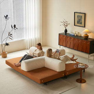 JASIWAY Modular Sofa Bed and Sleeper Sofa with a versatile convertible design, upholstered in premium textured bouclé, chenille or corduroy fabric, featuring plush bolster backrests and a mid-century modern aesthetic  for multifunctional living room use.-High-angle wide view