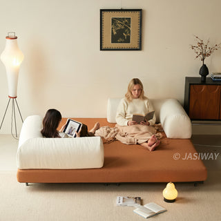 JASIWAY Modular Sofa Bed and Sleeper Sofa with a versatile convertible design, upholstered in premium textured bouclé, chenille or corduroy fabric, featuring plush bolster backrests and a mid-century modern aesthetic  for multifunctional living room use.-High-angle front view