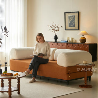 JASIWAY Modular Sofa Bed and Sleeper Sofa with a versatile convertible design, upholstered in premium textured bouclé, chenille or corduroy fabric, featuring plush bolster backrests and a mid-century modern aesthetic  for multifunctional living room use.-Three-quarter view