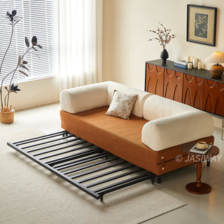 JASIWAY Modular Sofa Bed and Sleeper Sofa with a versatile convertible design, upholstered in premium textured bouclé, chenille or corduroy fabric, featuring plush bolster backrests and a mid-century modern aesthetic  for multifunctional living room use.-Frame base high-angle view
