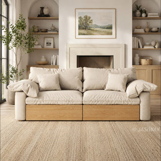 JASIWAY oversized deep seat sectional sofa featuring natural wood base and beige fabric cushions, convertible Japandi style lounge couch with modular adjustable chaise and hidden pull-out footrests for living room comfort.-Front view