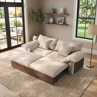 JASIWAY oversized deep seat sectional sofa featuring natural wood base and beige fabric cushions, convertible Japandi style lounge couch with modular adjustable chaise and hidden pull-out footrests for living room comfort.-High-angle three quarter view of bed mode