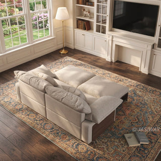 JASIWAY oversized deep seat sectional sofa featuring natural wood base and beige fabric cushions, convertible Japandi style lounge couch with modular adjustable chaise and hidden pull-out footrests for living room comfort.-High-angle rear view