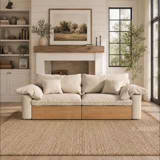 JASIWAY oversized deep seat sectional sofa featuring natural wood base and beige fabric cushions, convertible Japandi style lounge couch with modular adjustable chaise and hidden pull-out footrests for living room comfort.-Front view
