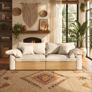 JASIWAY oversized deep seat sectional sofa featuring natural wood base and beige fabric cushions, convertible Japandi style lounge couch with modular adjustable chaise and hidden pull-out footrests for living room comfort.-Front view