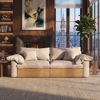 JASIWAY oversized deep seat sectional sofa featuring natural wood base and beige fabric cushions, convertible Japandi style lounge couch with modular adjustable chaise and hidden pull-out footrests for living room comfort.-Front view