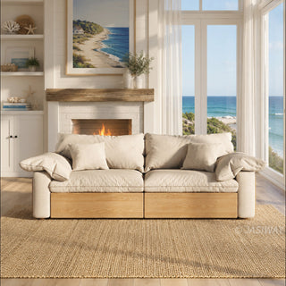 JASIWAY oversized deep seat sectional sofa featuring natural wood base and beige fabric cushions, convertible Japandi style lounge couch with modular adjustable chaise and hidden pull-out footrests for living room comfort.-Front view