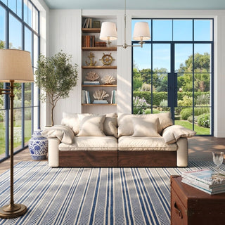 JASIWAY oversized deep seat sectional sofa featuring natural wood base and beige fabric cushions, convertible Japandi style lounge couch with modular adjustable chaise and hidden pull-out footrests for living room comfort.-Front view