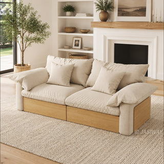 JASIWAY oversized deep seat sectional sofa featuring natural wood base and beige fabric cushions, convertible Japandi style lounge couch with modular adjustable chaise and hidden pull-out footrests for living room comfort.-Three quarter view