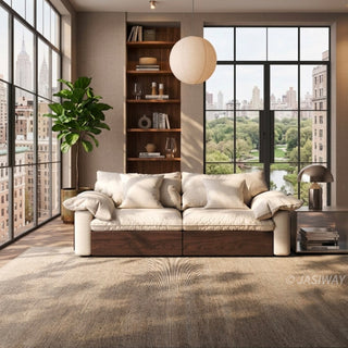 JASIWAY oversized deep seat sectional sofa featuring natural wood base and beige fabric cushions, convertible Japandi style lounge couch with modular adjustable chaise and hidden pull-out footrests for living room comfort.-Front view