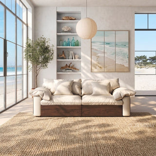 JASIWAY oversized deep seat sectional sofa featuring natural wood base and beige fabric cushions, convertible Japandi style lounge couch with modular adjustable chaise and hidden pull-out footrests for living room comfort.-Front view