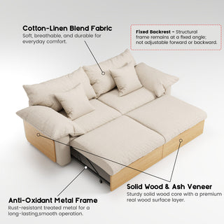 JASIWAY oversized deep seat sectional sofa featuring natural wood base and beige fabric cushions, convertible Japandi style lounge couch with modular adjustable chaise and hidden pull-out footrests for living room comfort.-Dimensions chart