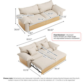 JASIWAY oversized deep seat sectional sofa featuring natural wood base and beige fabric cushions, convertible Japandi style lounge couch with modular adjustable chaise and hidden pull-out footrests for living room comfort.-Dimensions chart