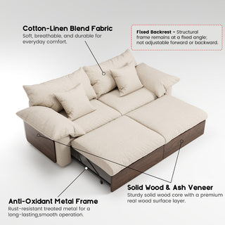 JASIWAY oversized deep seat sectional sofa featuring natural wood base and beige fabric cushions, convertible Japandi style lounge couch with modular adjustable chaise and hidden pull-out footrests for living room comfort.-Dimensions chart