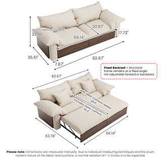 JASIWAY oversized deep seat sectional sofa featuring natural wood base and beige fabric cushions, convertible Japandi style lounge couch with modular adjustable chaise and hidden pull-out footrests for living room comfort.-Dimensions chart