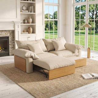JASIWAY oversized deep seat sectional sofa featuring natural wood base and beige fabric cushions, convertible Japandi style lounge couch with modular adjustable chaise and hidden pull-out footrests for living room comfort.-Three quarter view of chaise mode