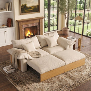JASIWAY oversized deep seat sectional sofa featuring natural wood base and beige fabric cushions, convertible Japandi style lounge couch with modular adjustable chaise and hidden pull-out footrests for living room comfort.-High-angle three quarter view of bed mode