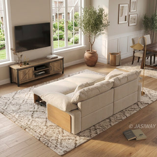 JASIWAY oversized deep seat sectional sofa featuring natural wood base and beige fabric cushions, convertible Japandi style lounge couch with modular adjustable chaise and hidden pull-out footrests for living room comfort.-Rear view