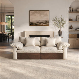 JASIWAY oversized deep seat sectional sofa featuring natural wood base and beige fabric cushions, convertible Japandi style lounge couch with modular adjustable chaise and hidden pull-out footrests for living room comfort.-Front view