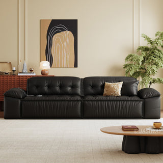 JASIWAY premium leather power reclining sleeper sofa featuring deep button-tufted backrests, adjustable panoramic headrests, and a unique open-concept recessed armrest with built-in storage, highlighting luxurious ergonomics, integrated technology, and space-saving functional furniture design for modern high-end homes.-Front view