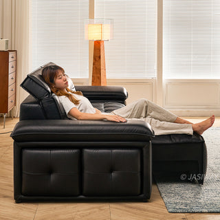 JASIWAY premium leather power reclining sleeper sofa featuring deep button-tufted backrests, adjustable panoramic headrests, and a unique open-concept recessed armrest with built-in storage, highlighting luxurious ergonomics, integrated technology, and space-saving functional furniture design for modern high-end homes.-Side view with model reclining