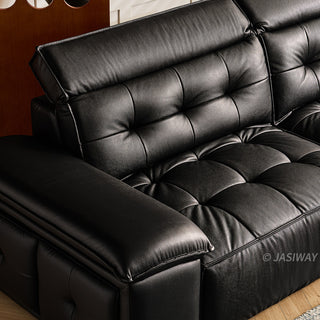 JASIWAY premium leather power reclining sleeper sofa featuring deep button-tufted backrests, adjustable panoramic headrests, and a unique open-concept recessed armrest with built-in storage, highlighting luxurious ergonomics, integrated technology, and space-saving functional furniture design for modern high-end homes.-Close-up of tufting texture