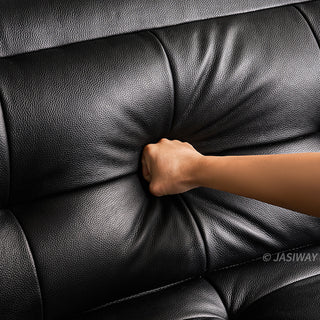 JASIWAY premium leather power reclining sleeper sofa featuring deep button-tufted backrests, adjustable panoramic headrests, and a unique open-concept recessed armrest with built-in storage, highlighting luxurious ergonomics, integrated technology, and space-saving functional furniture design for modern high-end homes.-Close-up of fabric texture