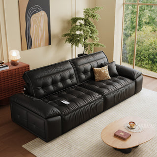 JASIWAY premium leather power reclining sleeper sofa featuring deep button-tufted backrests, adjustable panoramic headrests, and a unique open-concept recessed armrest with built-in storage, highlighting luxurious ergonomics, integrated technology, and space-saving functional furniture design for modern high-end homes.-High-angle view of sofa mode