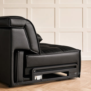 JASIWAY premium leather power reclining sleeper sofa featuring deep button-tufted backrests, adjustable panoramic headrests, and a unique open-concept recessed armrest with built-in storage, highlighting luxurious ergonomics, integrated technology, and space-saving functional furniture design for modern high-end homes.-Rear side view