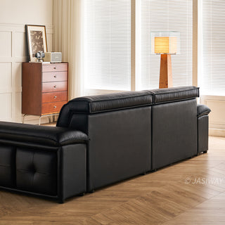 JASIWAY premium leather power reclining sleeper sofa featuring deep button-tufted backrests, adjustable panoramic headrests, and a unique open-concept recessed armrest with built-in storage, highlighting luxurious ergonomics, integrated technology, and space-saving functional furniture design for modern high-end homes.-Rear three quarter view