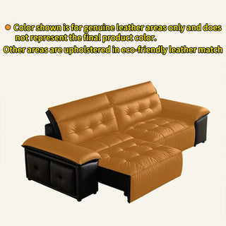 JASIWAY premium leather power reclining sleeper sofa featuring deep button-tufted backrests, adjustable panoramic headrests, and a unique open-concept recessed armrest with built-in storage, highlighting luxurious ergonomics, integrated technology, and space-saving functional furniture design for modern high-end homes.-Leather coverage detail
