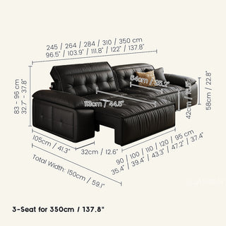 JASIWAY premium leather power reclining sleeper sofa featuring deep button-tufted backrests, adjustable panoramic headrests, and a unique open-concept recessed armrest with built-in storage, highlighting luxurious ergonomics, integrated technology, and space-saving functional furniture design for modern high-end homes.-Dimensions chart