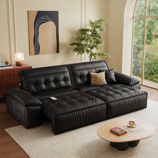 JASIWAY premium leather power reclining sleeper sofa featuring deep button-tufted backrests, adjustable panoramic headrests, and a unique open-concept recessed armrest with built-in storage, highlighting luxurious ergonomics, integrated technology, and space-saving functional furniture design for modern high-end homes.-Three quarter view of bed mode