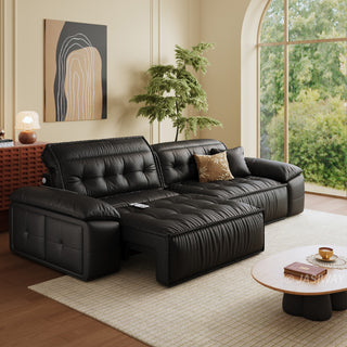 JASIWAY premium leather power reclining sleeper sofa featuring deep button-tufted backrests, adjustable panoramic headrests, and a unique open-concept recessed armrest with built-in storage, highlighting luxurious ergonomics, integrated technology, and space-saving functional furniture design for modern high-end homes.-Three quarter view of chaise mode
