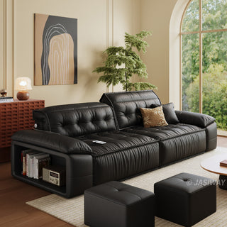 JASIWAY premium leather power reclining sleeper sofa featuring deep button-tufted backrests, adjustable panoramic headrests, and a unique open-concept recessed armrest with built-in storage, highlighting luxurious ergonomics, integrated technology, and space-saving functional furniture design for modern high-end homes.-Three quarter vuew of sofa mode