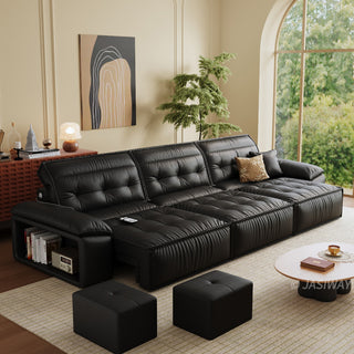 JASIWAY premium leather power reclining sleeper sofa featuring deep button-tufted backrests, adjustable panoramic headrests, and a unique open-concept recessed armrest with built-in storage, highlighting luxurious ergonomics, integrated technology, and space-saving functional furniture design for modern high-end homes.-Three quarter view