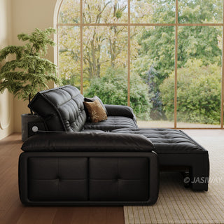 JASIWAY premium leather power reclining sleeper sofa featuring deep button-tufted backrests, adjustable panoramic headrests, and a unique open-concept recessed armrest with built-in storage, highlighting luxurious ergonomics, integrated technology, and space-saving functional furniture design for modern high-end homes.-Side view