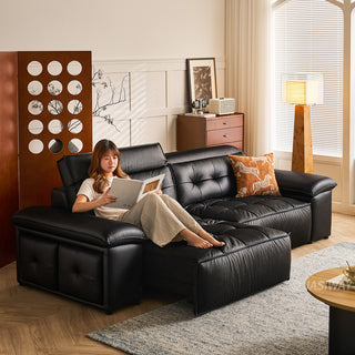 JASIWAY premium leather power reclining sleeper sofa featuring deep button-tufted backrests, adjustable panoramic headrests, and a unique open-concept recessed armrest with built-in storage, highlighting luxurious ergonomics, integrated technology, and space-saving functional furniture design for modern high-end homes.-Three quarter view with model reclining
